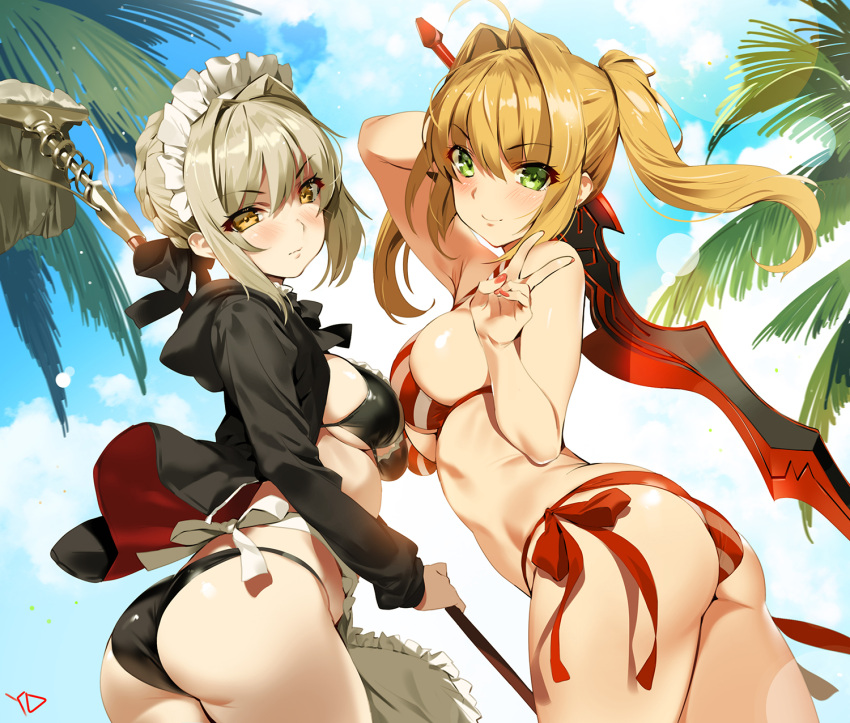 2girls apron arched_back arm_up artoria_pendragon_(all) artoria_pendragon_(swimsuit_rider_alter)_(fate) ass beach bikini black_bikini blonde_hair blue_sky blush breasts closed_mouth clouds cloudy_sky cowboy_shot eyebrows_visible_through_hair fate/grand_order fate_(series) green_eyes hair_between_eyes hair_intakes highres hood hooded_jacket hoodie jacket light_brown_hair long_hair long_sleeves looking_at_viewer maid_headdress medium_breasts mop multiple_girls nail_polish nero_claudius_(swimsuit_caster)_(fate) open_clothes open_hoodie open_jacket outdoors palm_tree revision saber_alter saber_extra side-tie_bikini sideboob sky smile striped striped_bikini swimsuit sword tree twintails v waist_apron weapon yang-do yellow_eyes