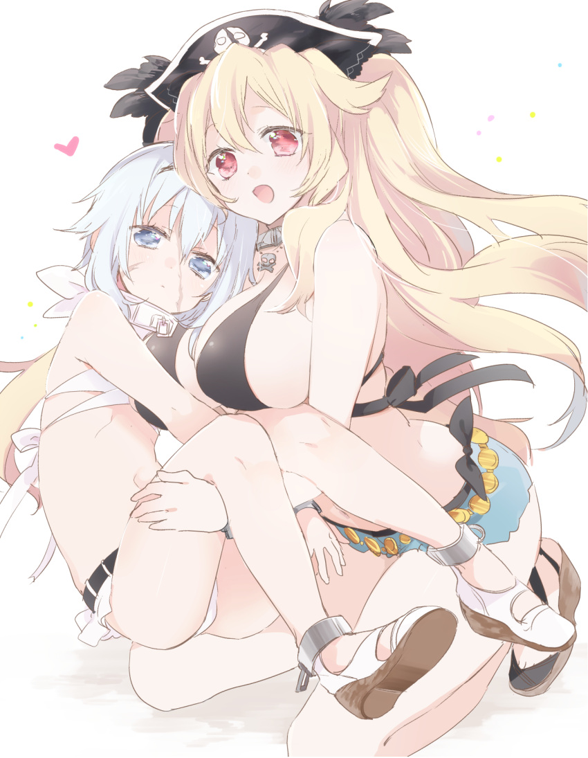 2girls anne_bonny_(fate/grand_order) anne_bonny_(swimsuit_archer)_(fate) bikini black_bikini blonde_hair blue_eyes blush breasts carrying cleavage fate/grand_order fate_(series) hat heart highres large_breasts long_hair looking_at_viewer mary_read_(fate/grand_order) mary_read_(swimsuit_archer)_(fate) multiple_girls open_mouth pirate_hat princess_carry red_eyes revision sandals scar short_hair simple_background sino_(sionori) smile swimsuit twintails white_background white_bikini white_hair