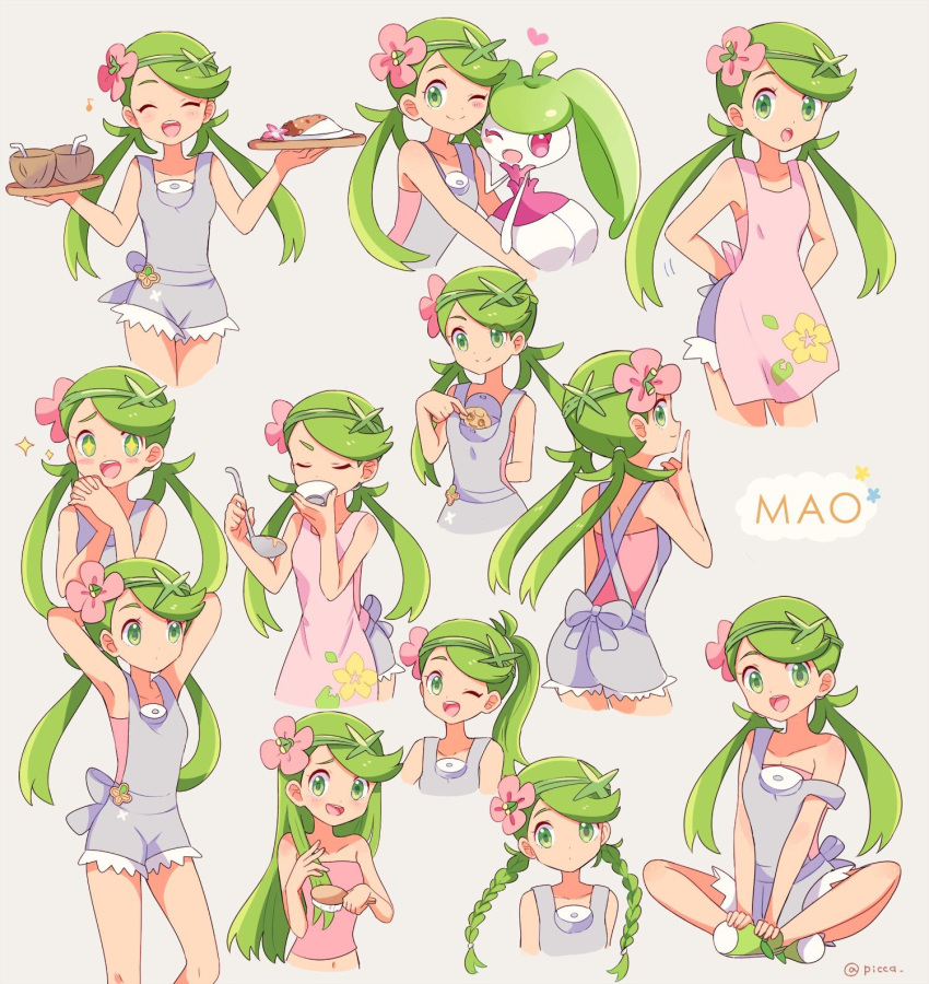 1girl ;d alternate_hairstyle apron armpits arms_behind_head bangs biscuit blush braid closed_eyes coconut combing cup curry dark_skin drinking flower food full_body green_eyes green_hair hair_down hair_flower hair_ornament happy heart highres ladle long_hair looking_at_viewer low_twintails mallow_(pokemon) mei_(maysroom) navel one_eye_closed open_mouth overalls pocket pokemon pokemon_(anime) pokemon_(creature) pokemon_(game) pokemon_sm pokemon_sm_(anime) ponytail shirt sitting sleeveless sleeveless_shirt smile solo_focus sparkling_eyes steenee strap_slip swept_bangs twin_braids twintails