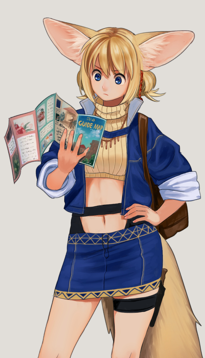 1girl animal_ears bangs blonde_hair blue_eyes blue_skirt closed_mouth contrapposto eyebrows_visible_through_hair grey_background hand_on_hip highres holding holster jacket map mira_(nashigaya_koyomi) nashigaya_koyomi navel open_clothes open_jacket original pencil_skirt short_hair short_twintails simple_background skirt sleeves_rolled_up solo tareme thigh_holster thigh_strap twintails
