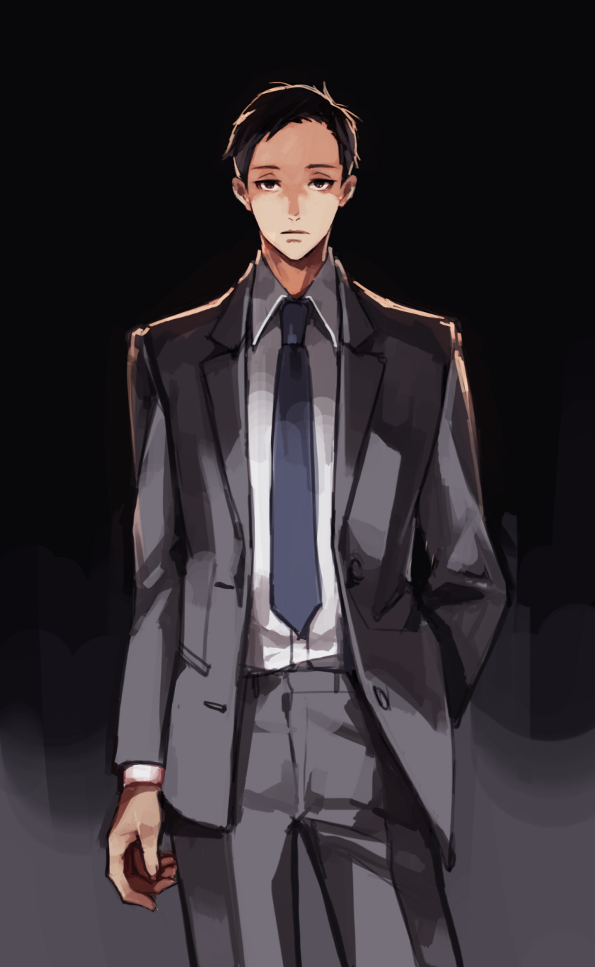 1boy black_background black_hair blue_necktie buttons closed_mouth collared_shirt fukumoto_(joker_game) gradient gradient_background grey_background grey_jacket grey_pants hand_in_pocket highres joker_game male_focus necktie pants pinkiepies2 pocket shirt short_hair simple_background sketch standing white_shirt