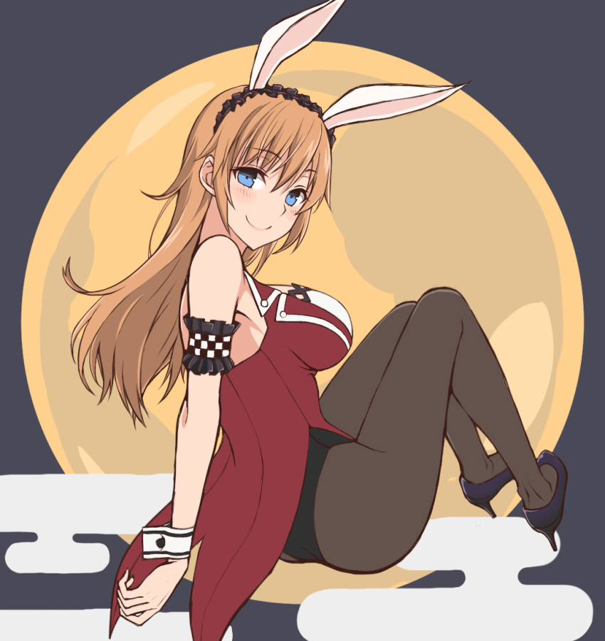 1girl animal_ears bare_shoulders black_legwear blue_eyes bunnysuit charlotte_e_yeager high_heels long_hair looking_at_viewer momiji7728 moon orange_hair pantyhose rabbit_ears sitting smile solo strike_witches world_witches_series wrist_cuffs