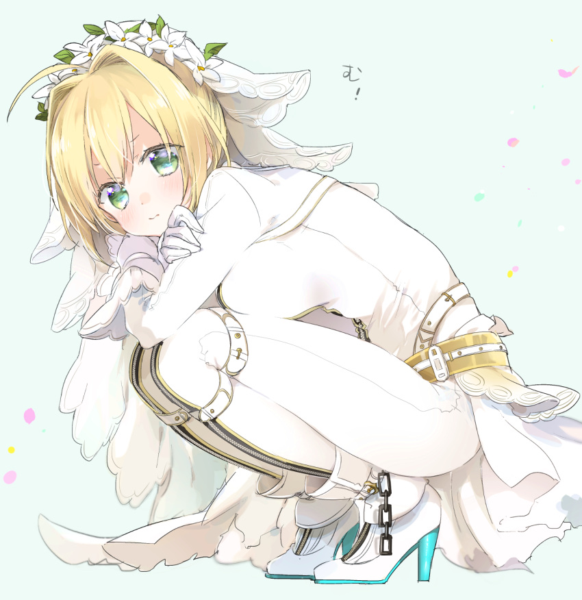 1girl ahoge ankle_boots bangs belt blonde_hair blush bodysuit boots breasts bridal_veil chains closed_mouth crossed_arms dress eyelashes fate/extra fate/extra_ccc fate_(series) flower from_side full_body gloves green_eyes hair_flower hair_ornament head_wreath high_heel_boots high_heels highres large_breasts leaning_forward leg_hug long_sleeves looking_at_viewer petals pout revision saber_bride saber_extra simple_background sino_(sionori) skin_tight solo squatting thigh-highs thigh_strap translation_request veil waist_cape white_bodysuit white_boots white_dress white_flower white_gloves white_legwear zipper
