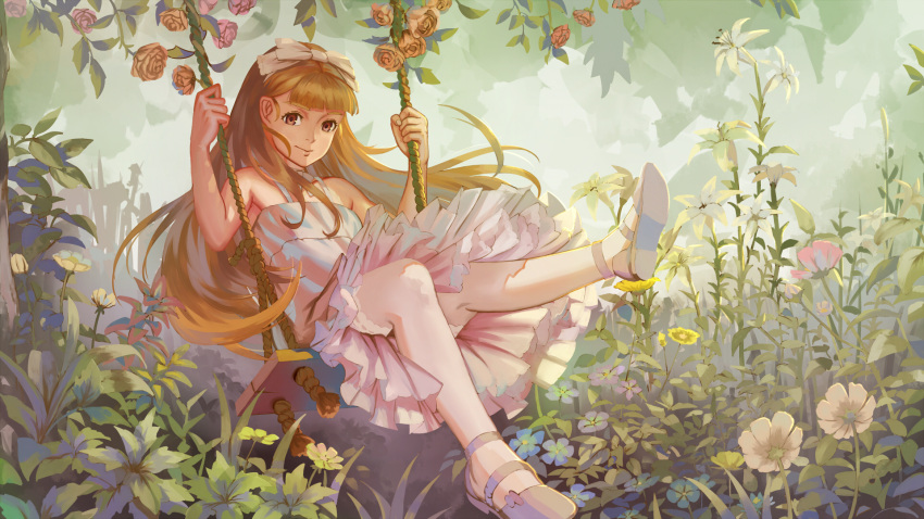 1girl armpit_peek bangs bare_arms bare_shoulders blonde_hair blunt_bangs breasts brown_eyes closed_mouth commentary day dress flower forest frilled_dress frills full_body grey_shoes hair_ribbon highres long_hair looking_at_viewer nature original outdoors pantyhose plant ribbon scenery shoes small_breasts solo swing swinging tea_sly tree white_dress white_legwear white_ribbon
