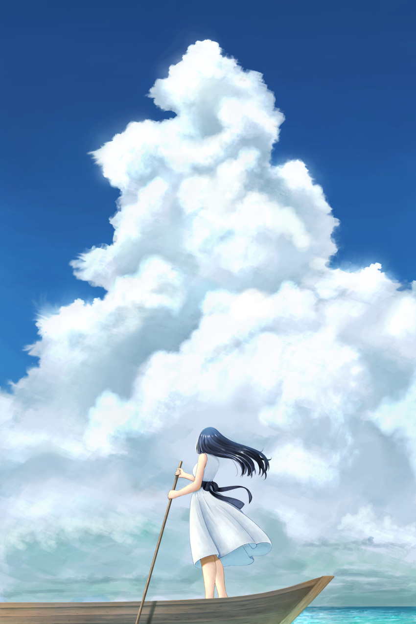 1girl absurdres bare_arms bare_shoulders black_hair blue_sky boat clouds cloudy_sky commentary_request dress floating_hair from_behind highres horizon looking_up ocean onita original paddle sash scenery sky solo standing sundress watercraft white_dress