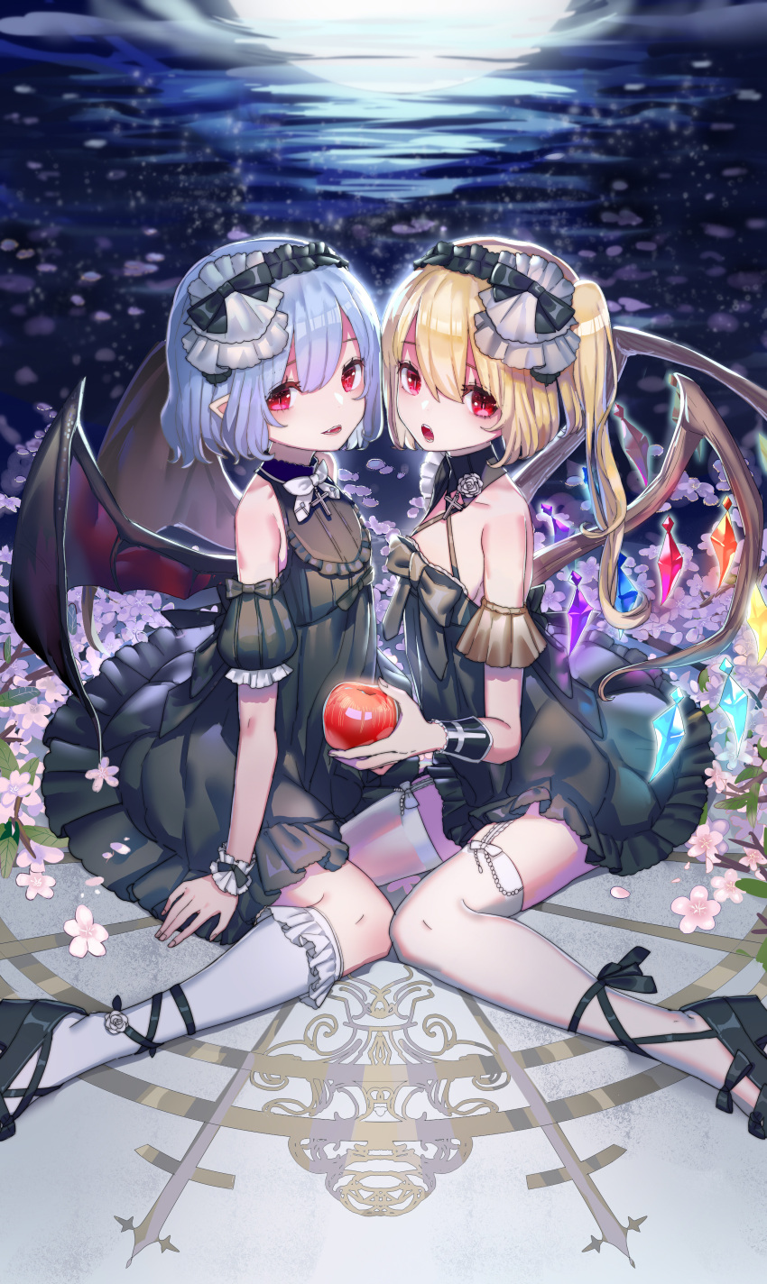 2girls absurdres alternate_costume apple bare_shoulders bat_wings black_dress black_shoes blonde_hair blue_hair bunuojiang dress flandre_scarlet food fruit full_moon hair_between_eyes hairband highres holding holding_fruit lolita_hairband looking_at_viewer moon multiple_girls night outdoors pointy_ears red_eyes remilia_scarlet shoes short_dress siblings sisters sitting smile thigh-highs touhou white_legwear wings wrist_cuffs