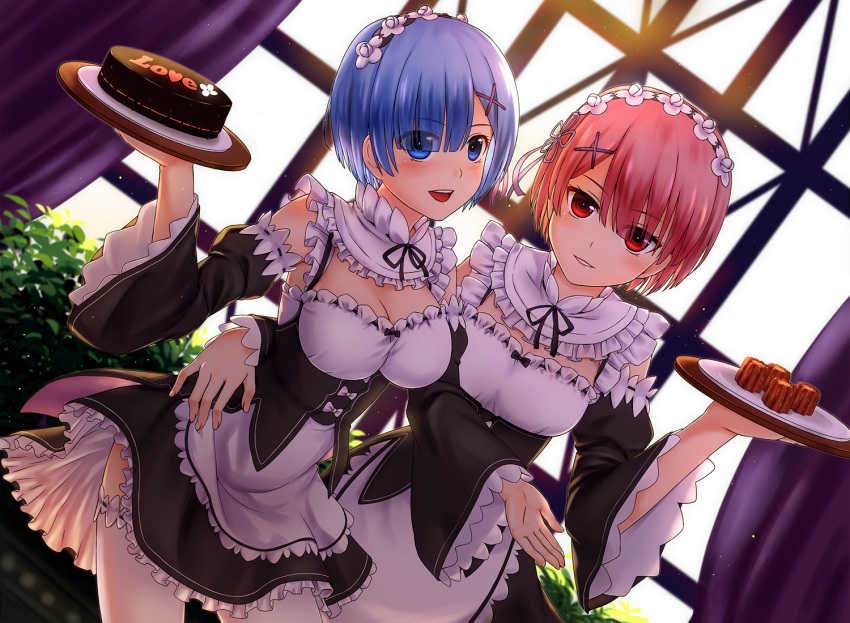 2girls :d apron black_ribbon black_skirt blue_eyes blue_hair breasts chien_zero choker cleavage detached_sleeves dutch_angle eyebrows_visible_through_hair frilled_skirt frills hair_ribbon head_wreath indoors looking_at_viewer maid medium_breasts miniskirt multiple_girls neck_ribbon open_mouth parted_lips pink_hair pink_ribbon ram_(re:zero) re:zero_kara_hajimeru_isekai_seikatsu red_eyes rem_(re:zero) ribbon ribbon-trimmed_sleeves ribbon_trim short_hair skirt smile white_apron