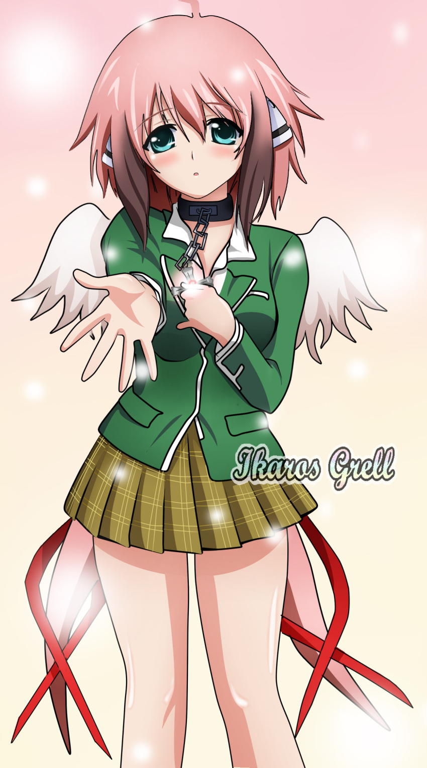 1girl :o ahoge akashiya_moka akashiya_moka_(cosplay) blue_eyes blush breasts brown_hair brown_skirt chains collar collared_shirt commentary_request cosplay cross eyebrows_visible_through_hair feathered_wings gradient gradient_background gradient_hair green_shirt hair_between_eyes hair_ribbon head_tilt highres holding_cross ikaros light_particles long_hair long_sleeves looking_at_viewer low_twintails medium_breasts multicolored_hair outstretched_arm parted_lips pink_background pink_hair plaid plaid_skirt pleated_skirt pocket red_ribbon ribbon robot_ears rosario+vampire school_uniform shirt sidelocks simple_background skirt solo sora_no_otoshimono standing twintails very_long_hair white_shirt white_wings wings yellow_background