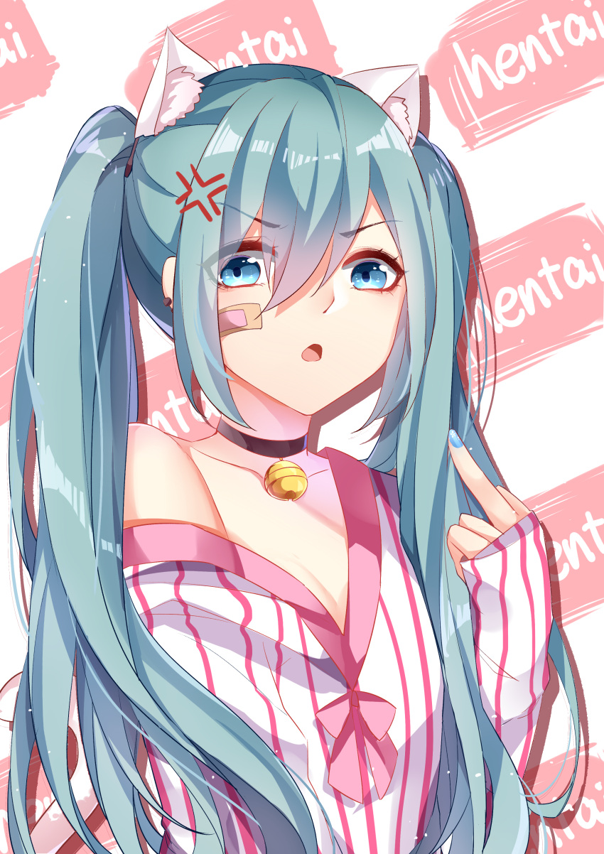 1girl absurdres animal_ears blue_eyes blue_hair blue_nails breasts cat_ears chuor_(chuochuoi) cleavage collar collarbone eyebrows_visible_through_hair hair_between_eyes hatsune_miku highres long_hair looking_at_viewer nail_polish open_mouth small_breasts solo striped striped_legwear twintails upper_body very_long_hair vocaloid