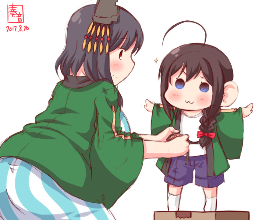 2girls :3 adjusting_another's_clothes ahoge alternate_costume black_hair blush braid breasts commentary_request dated headgear highres japanese_clothes kanon_(kurogane_knights) kantai_collection large_breasts long_hair multiple_girls outstretched_arms red_eyes shigure_(kantai_collection) short_hair signature single_braid yamashiro_(kantai_collection) younger