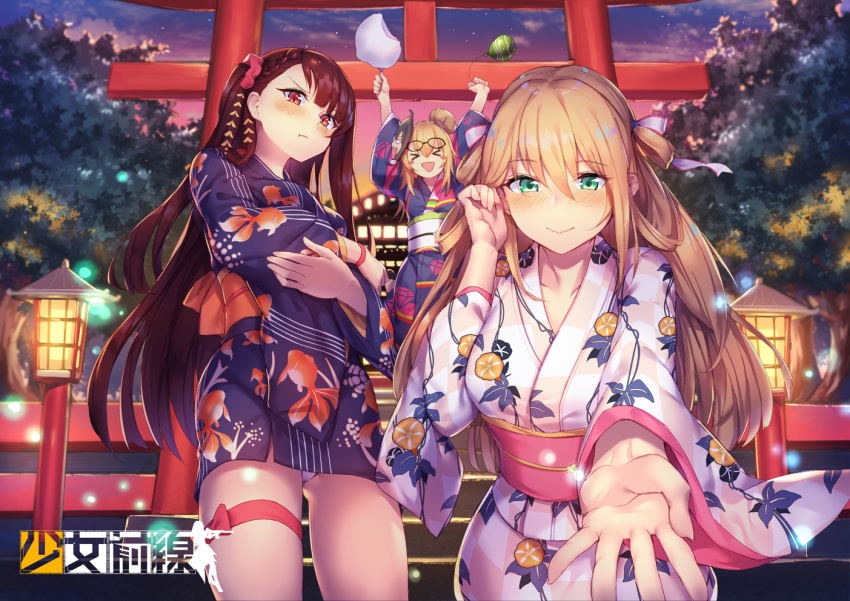 &gt;_&lt; 3girls :t animal_print black_hair bracelet brown_hair character_request copyright_name crossed_arms fish_print floral_print girls_frontline glasses_on_head green_eyes hair_rings japanese_clothes jewelry kimono long_hair m1903_springfield_(girls_frontline) mask multiple_girls obi outstretched_hand panties print_kimono red_eyes sash shennai_misha short_kimono short_yukata thighlet underwear wa2000_(girls_frontline) white_panties yukata