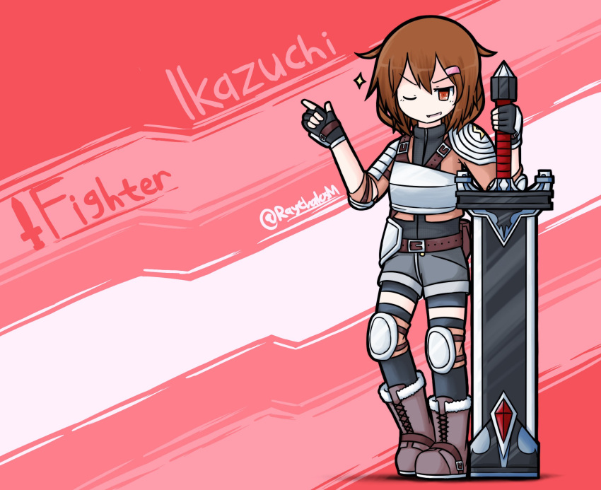 1girl armor belt boots breastplate brown_hair dungeons_and_dragons fingerless_gloves gloves hair_ornament hairclip highres ikazuchi_(kantai_collection) kantai_collection one_eye_closed raythalosm short_hair shoulder_armor solo sword weapon