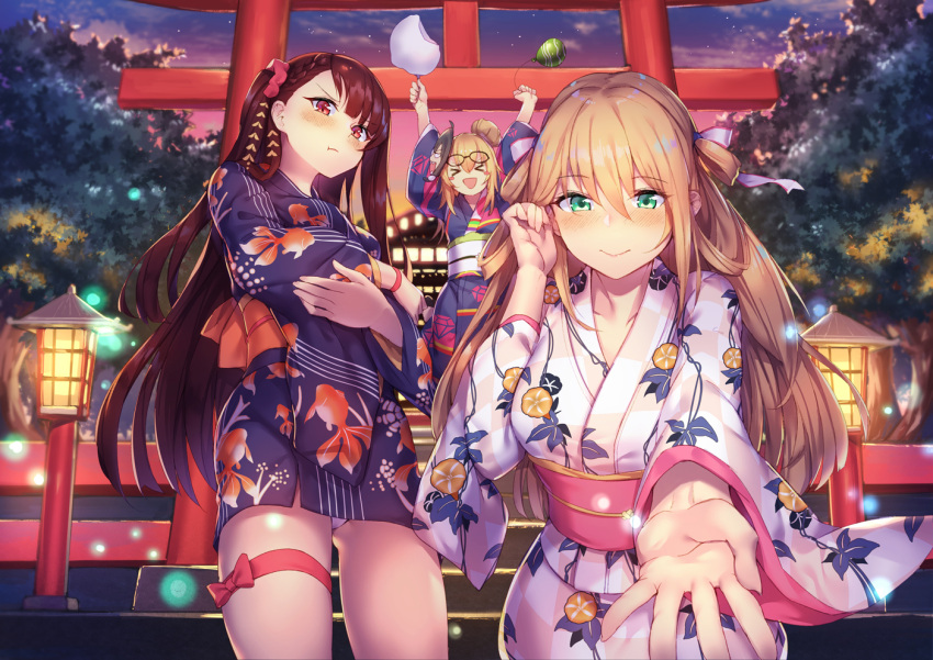 &gt;_&lt; 3girls :t animal_print black_hair bracelet brown_hair character_request crossed_arms fish_print floral_print girls_frontline glasses_on_head green_eyes hair_rings japanese_clothes jewelry kimono long_hair m1903_springfield_(girls_frontline) mask multiple_girls obi outstretched_hand panties print_kimono red_eyes sash shennai_misha short_kimono short_yukata thighlet underwear wa2000_(girls_frontline) white_panties yukata