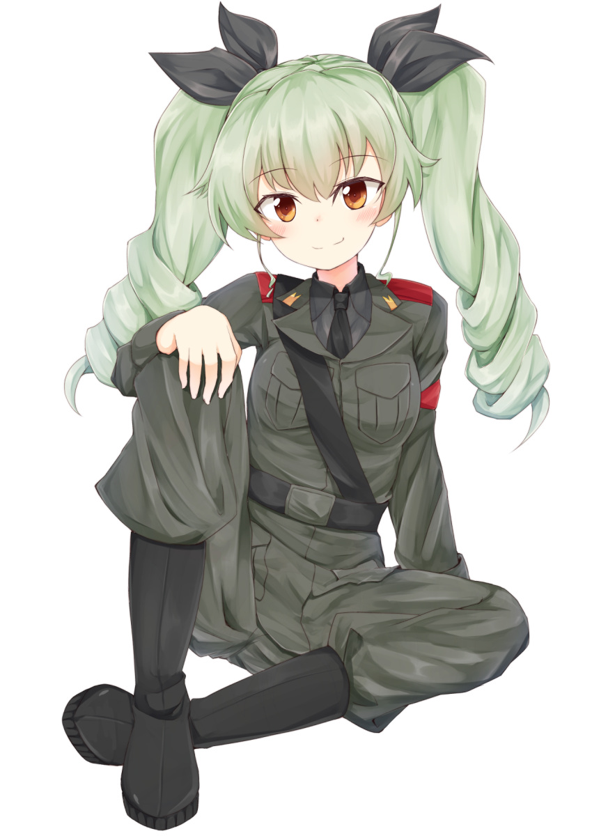 1girl anchovy anzio_military_uniform arm_support belt black_boots black_necktie black_ribbon black_shirt blush boots brown_eyes drill_hair eyebrows_visible_through_hair full_body girls_und_panzer green_hair hair_between_eyes hair_ribbon highres long_hair looking_at_viewer necktie nenosame ribbon shirt simple_background sitting smile solo twin_drills very_long_hair white_background