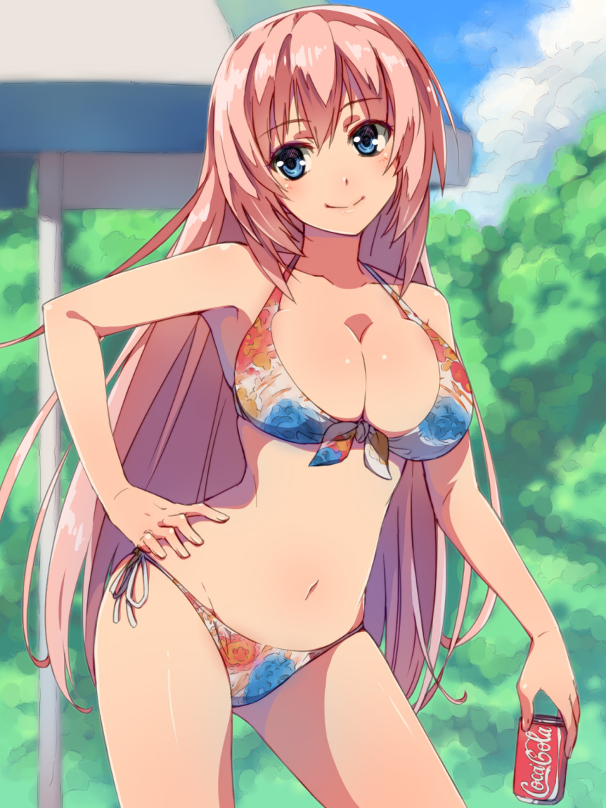 1girl beach_umbrella bikini blue_eyes breasts can chiharu_(9654784) coca-cola cowboy_shot front-tie_top hand_on_hip highres ichinose_honami_(youjitsu) large_breasts lerche_(studio) long_hair looking_at_viewer media_factory multicolored multicolored_bikini multicolored_clothes orange_bikini pink_hair sexy side-tie_bikini soda_can solo swimsuit umbrella youkoso_jitsuryoku_shijou_shugi_no_kyoushitsu_e