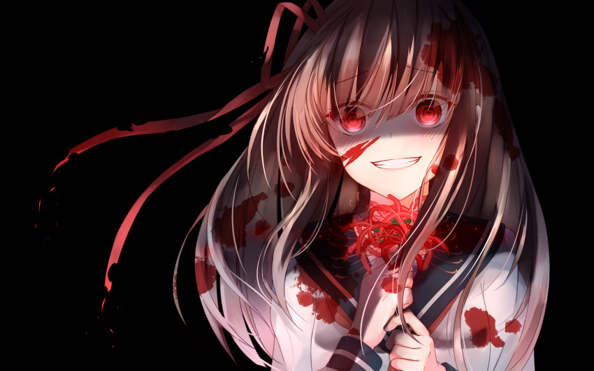 1girl black_background blood blood_on_face bloody_clothes bloody_hair bloody_hands blush brown_hair evil_grin evil_smile eyebrows_visible_through_hair flower grin hair_ribbon head_tilt highres holding holding_flower long_hair long_sleeves looking_at_viewer original red_eyes red_ribbon ribbon school_uniform serafuku shirt sll smile solo spider_lily upper_body