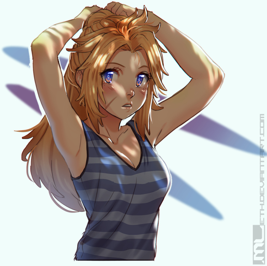 1girl adjusting_hair armpits arms_up blonde_hair blue_eyes blush borrowed_character breasts cleavage commentary dappled_sunlight eleni_(amylrun) facing_viewer highres looking_to_the_side mathias_leth original ponytail scar small_breasts striped sunlight symbol-shaped_pupils tank_top upper_body