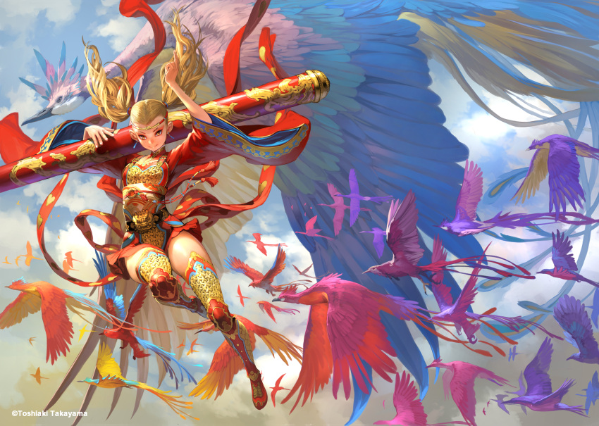 1girl animal arms_up bird breastplate circlet earrings falling fantasy full_body highres japanese_clothes jewelry loincloth long_hair obi original oversized_animal pole red_legwear ribbon sash smile solo_focus takayama_toshiaki thigh-highs twintails wide_sleeves yellow_eyes