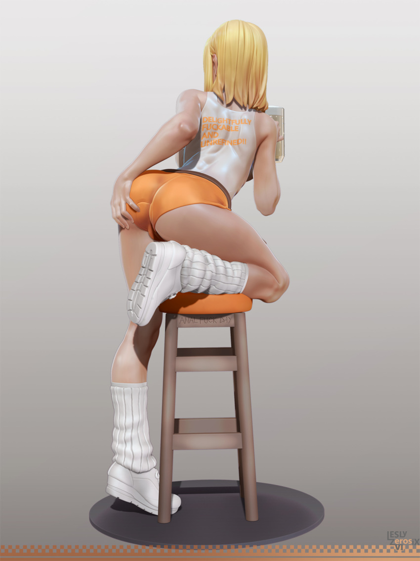 1girl 3d :q alcohol ass bare_shoulders beer beer_mug blonde_hair blue_eyes borrowed_character breasts dark_skin delightfully_fuckable_and_unrefined!! from_behind full_body hand_on_ass highres hooters large_breasts leslyzerosix long_hair loose_socks mari_(delightfully_fuckable_and_unrefined!!) original short_shorts shorts sleeveless socks solo stool tongue tongue_out uniform white_legwear