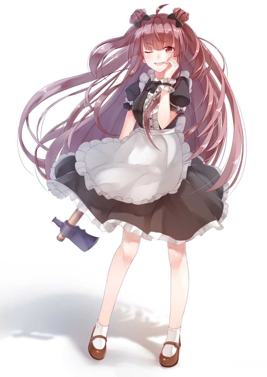 1girl absurdres ahoge apron black_bow black_bowtie black_dress bow bowtie brown_eyes brown_hair brown_shoes center_frills dress frilled_apron frills full_body hair_bow hatchet highres long_hair looking_at_viewer maid maid_headdress mary_janes one_eye_closed original parted_lips puffy_short_sleeves puffy_sleeves shoes short_sleeves silhouette sll smile socks solo standing very_long_hair waist_apron white_background white_legwear wrist_cuffs