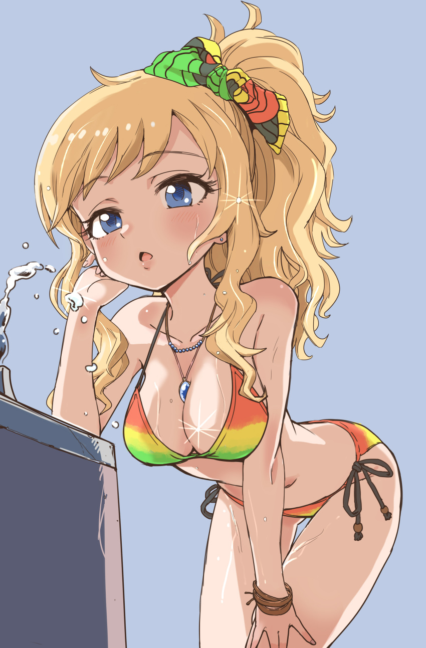 1girl absurdres between_breasts bikini blonde_hair blue_eyes breasts cleavage cowboy_shot drinking_fountain grey_background highres idolmaster idolmaster_cinderella_girls jewelry long_hair medium_breasts multicolored multicolored_bikini multicolored_clothes necklace ootsuki_yui pizzasi side-tie_bikini simple_background solo swimsuit water