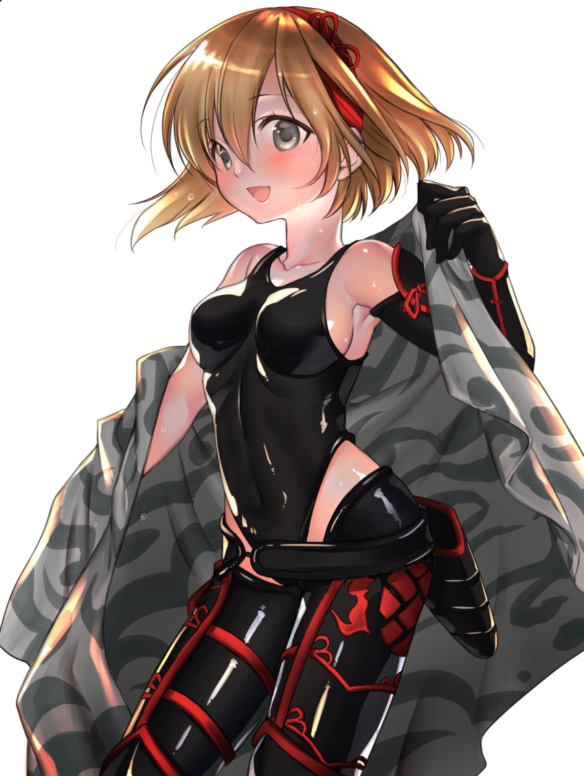 1girl :d alternate_costume armor armpit_peek bangs bare_shoulders black_belt black_gloves black_leotard black_pants blonde_hair blush breasts collarbone contrapposto covered_navel djeeta_(granblue_fantasy) elbow_gloves eyebrows_visible_through_hair floating_hair gloves granblue_fantasy greaves grey_eyes gunslinger_(granblue_fantasy) hair_between_eyes hair_ribbon hairband hand_up highleg highleg_leotard highres holding holster impossible_clothes impossible_leotard latex leotard looking_at_viewer medium_breasts open_mouth over_shoulder pants red_hairband red_ribbon ribbon shiny shiny_clothes shiny_hair shiny_skin short_hair sideboob simple_background single_elbow_glove skin_tight smile solo standing sweat water_drop white_background yuitanpo