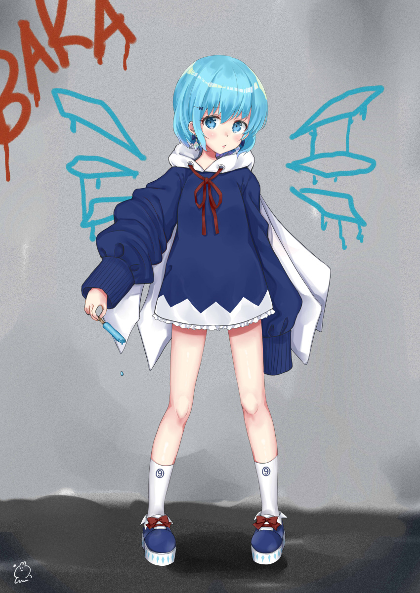 (9) 1girl absurdres blue_eyes blue_hair blue_shoes bow choker cirno earrings food full_body hair_ornament hairclip highres holding hood hoodie jewelry long_sleeves looking_at_viewer popsicle red_string sei_ichi_(shiratamamikan) shoe_bow shoes short_hair socks solo standing string touhou white_legwear