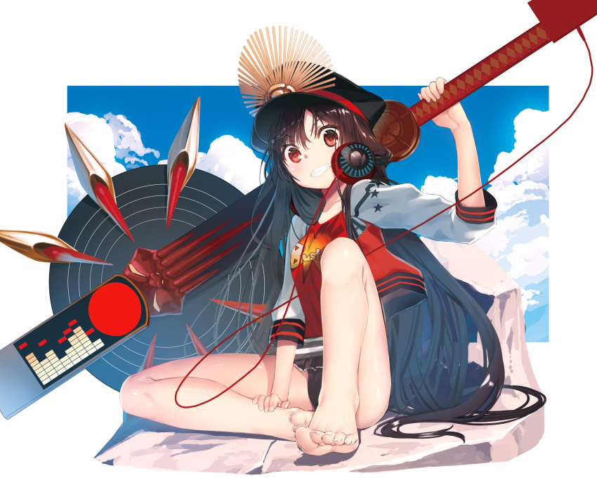 1girl barefoot black_hair buster_shirt clouds day demon_archer fate/grand_order fate_(series) feet frilled_bikini_bottom grin guitar hat headphones headphones_around_neck highres instrument jacket kagome_(traumatize) long_hair oda_nobunaga_(swimsuit_berserker)_(fate) peaked_cap red_eyes sitting sky smile solo