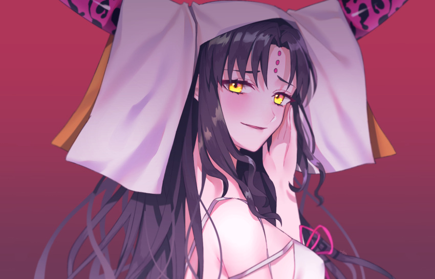 1girl artist_request bare_shoulders black_hair blush facial_mark fate/extra fate/extra_ccc fate_(series) forehead_mark from_side highres horns long_hair looking_at_viewer looking_to_the_side parted_lips sesshouin_kiara smile solo upper_body veil yellow_eyes