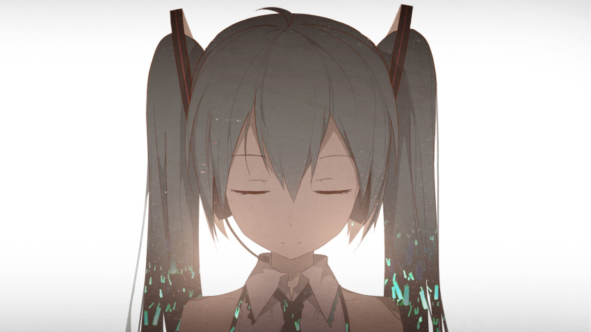 1girl bangs bare_shoulders closed_eyes closed_mouth collared_shirt double_exposure eyebrows_visible_through_hair facing_viewer glowstick gradient gradient_background grey_hair grey_shirt hair_between_eyes hatsune_miku highres kieed light_smile long_hair necktie shirt sleeveless sleeveless_shirt solo twintails upper_body vocaloid