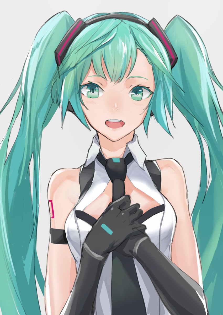 1girl aqua_eyes aqua_hair bangs bare_shoulders black_gloves black_necktie breasts cancell commentary elbow_gloves gloves grey_background hands_on_own_chest hands_together hatsune_miku highres long_hair looking_at_viewer medium_breasts necktie open_mouth shirt simple_background sleeveless sleeveless_shirt smile solo twintails upper_body vocaloid white_shirt