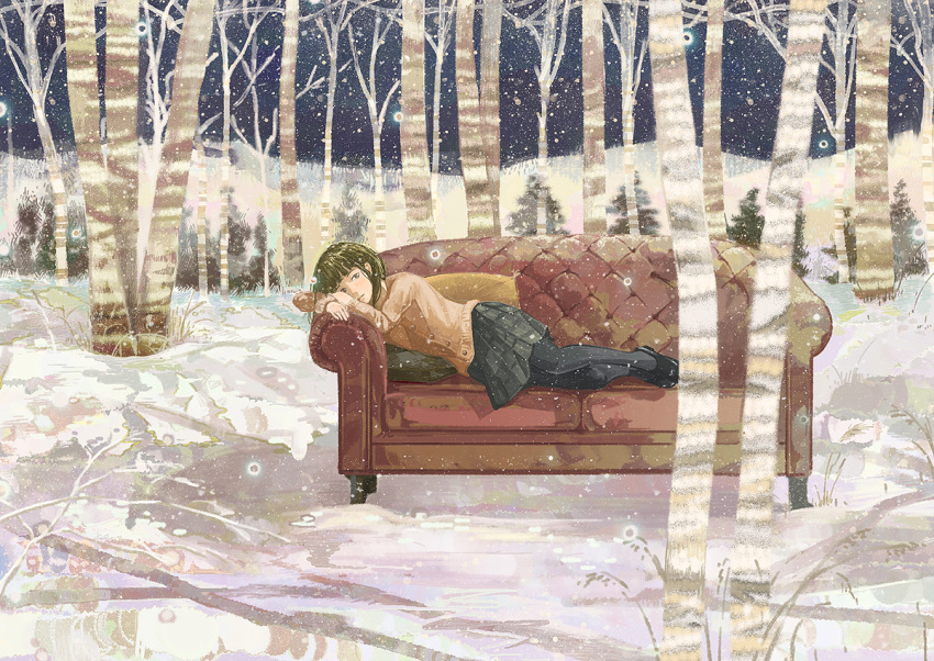 1girl bangs black_eyes black_hair black_legwear black_shoes black_skirt blunt_bangs cardigan closed_mouth commentary_request couch forest gemi long_sleeves lying nature night night_sky on_couch on_side original pantyhose pillow pleated_skirt shoes short_hair skirt sky snow snowing solo winter