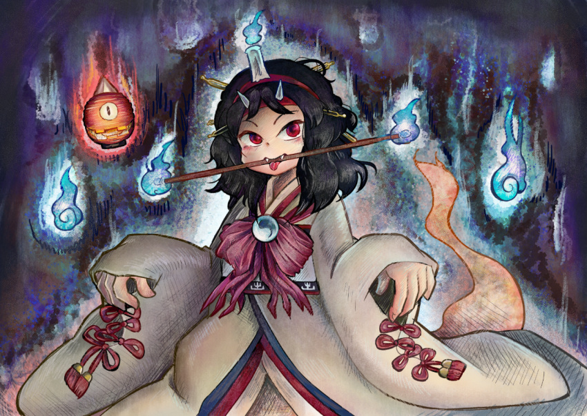androgynous black_hair candle chikafumikou fangs fire flame ghost ghost_tail hairband horns japanese_clothes kimono lamp len'en mouth_hold red_eyes short_hair solo taira_no_chouki
