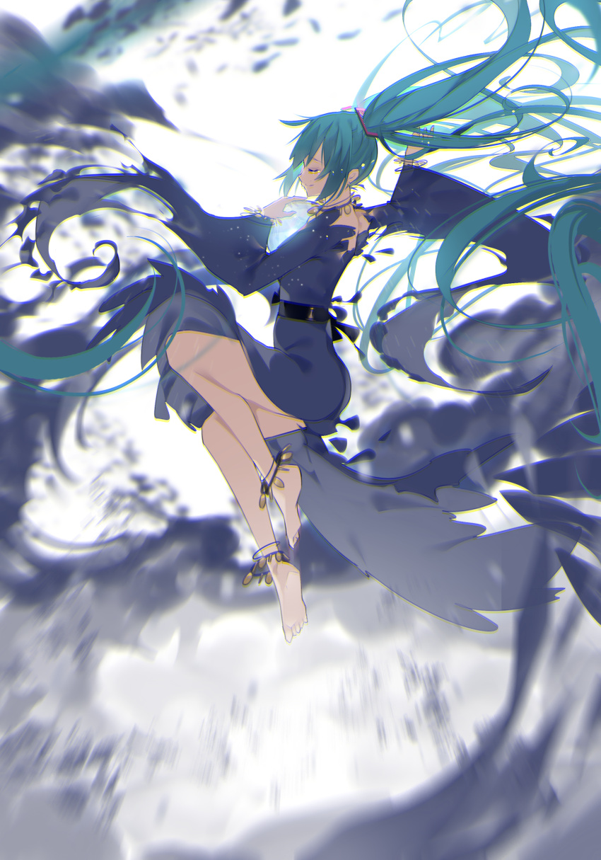 1girl absurdly_long_hair absurdres ajahweea anklet barefoot belt blue_dress blue_hair closed_eyes dress floating_hair from_side full_body hair_between_eyes hair_ornament hatsune_miku highres jewelry long_hair smile solo twintails very_long_hair vocaloid