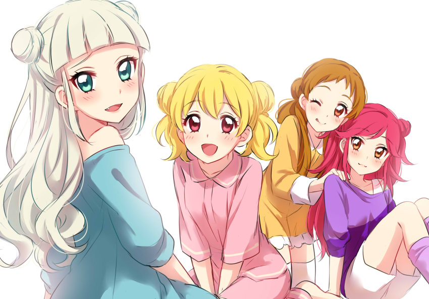 4girls :3 :d :q aikatsu! arisugawa_otome bangs barefoot blue_dress blue_eyes blunt_bangs blush breasts brown_eyes brown_hair character_request closed_mouth dress eyebrows_visible_through_hair fang highres hoshimiya_ichigo lavender_legwear long_hair long_sleeves looking_at_viewer looking_back medium_breasts medium_hair multiple_girls one_eye_closed open_mouth otoshiro_seira pajamas pants parted_lips pink_pants pink_shirt purple_shirt red_eyes redhead sekina shirt shorts silver_hair simple_background sitting smile socks tongue tongue_out toudou_yurika white_background white_shorts yellow_dress