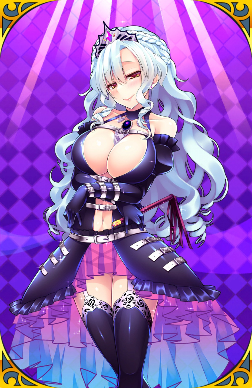 1girl argyle argyle_background arm_belt bangs bare_shoulders belt between_breasts black_gloves black_panties blush braid breasts cleavage collarbone crossed_arms dominatrix drill_hair earrings garter_straps giuniu gloves halterneck hands_on_stomach highres jewelry jpeg_artifacts large_breasts light_blue_hair long_hair looking_at_viewer navel official_art panties pink_skirt pleated_skirt queen_mary_(uchihime) revealing_clothes see-through skirt smile solo sparkle tiara uchi_no_hime-sama_ga_ichiban_kawaii underwear whip yellow_eyes