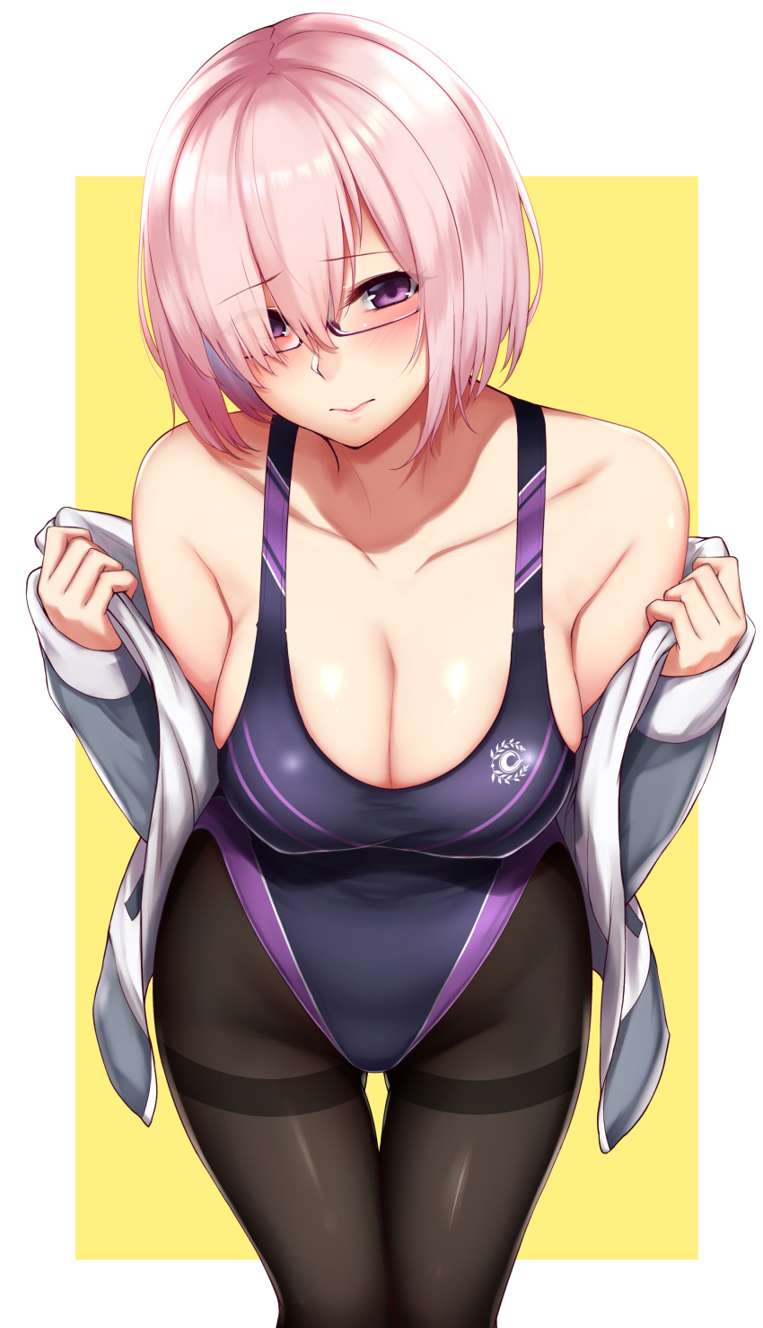 1girl absurdres bangs black_legwear blush breasts cleavage collarbone competition_swimsuit cowboy_shot fate_(series) glasses gluteal_fold hair_between_eyes hair_over_one_eye highleg highleg_swimsuit highres large_breasts leaning_forward one-piece_swimsuit oogatazin pantyhose pink_hair shielder_(fate/grand_order) short_hair solo standing swimsuit thigh_gap thighband_pantyhose two-tone_background violet_eyes yellow_background