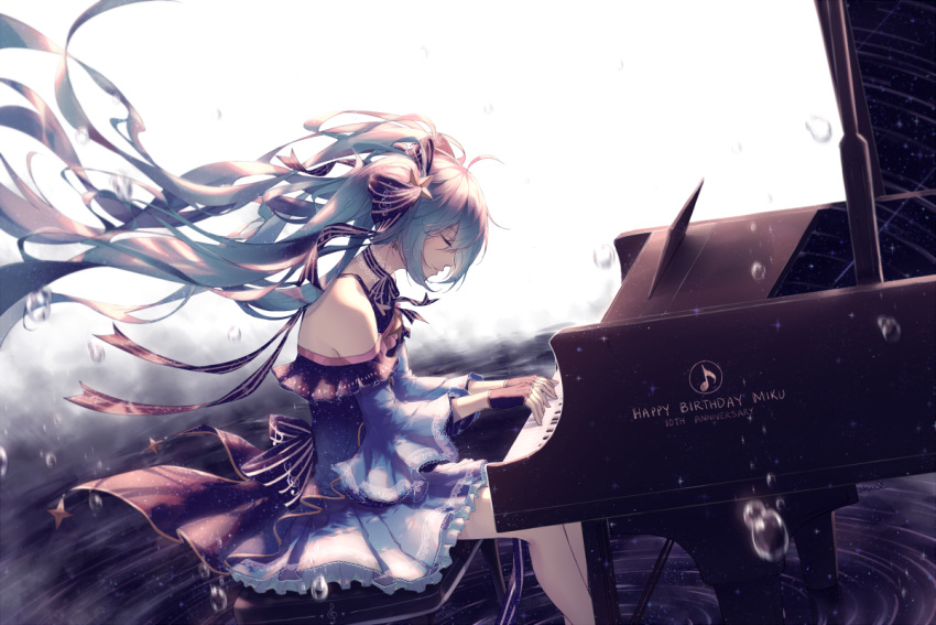 1girl anniversary bangs bare_shoulders black_gloves blue_dress blue_hair character_name closed_mouth dress dutch_angle fingerless_gloves floating_hair from_side gloves happy_birthday hatsune_miku instrument long_hair musical_note piano piano_bench playing quaver ripples shuryukan sidelocks sitting solo twintails very_long_hair vocaloid water_drop yuki_miku
