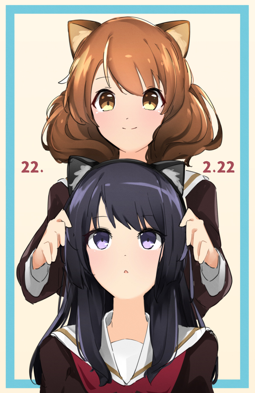 2girls :o animal_ears bangs black_hair brown_eyes brown_hair brown_shirt cat_ears closed_mouth dated guchikawa_(kimagurep) hands_on_another's_head hands_up hibike!_euphonium highres kitauji_high_school_uniform kousaka_reina long_hair long_sleeves looking_at_another multiple_girls neckerchief oumae_kumiko parted_lips red_neckerchief sailor_collar school_uniform serafuku shirt short_hair smile violet_eyes white_sailor_collar