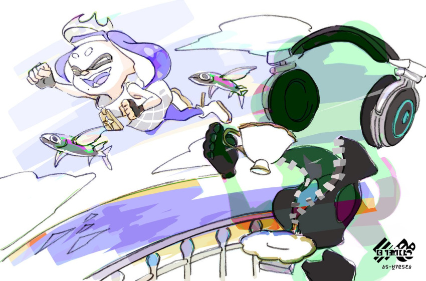 2girls black_gloves blue_hair closed_eyes clouds crop_top crown cup domino_mask drinking fangs fingerless_gloves flying flying_fish gloves headphones inoue_seita invisible logo marina_(splatoon) mask mole mole_under_mouth multiple_girls official_art open_mouth pantyhose partially_unzipped pearl_(splatoon) smile splatoon splatoon_2 teacup tentacle_hair