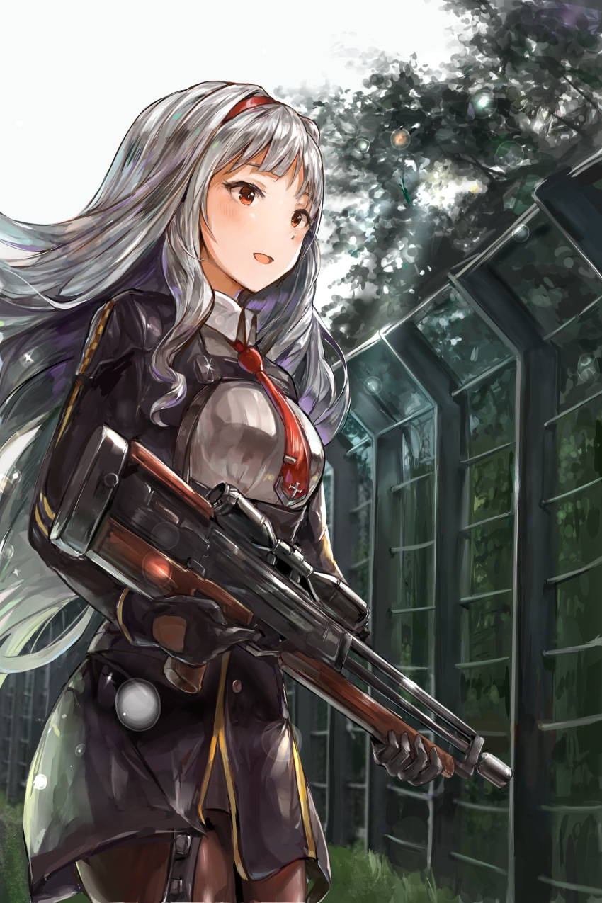 1girl :d absurdres bangs black_gloves black_legwear breasts bullpup chan1moon clouds cloudy_sky coat cosplay cowboy_shot cross day fence framed_breasts girls_frontline gloves grey_hair gun hairband highres holding holding_gun holding_weapon idolmaster lens_flare long_hair long_sleeves looking_to_the_side medium_breasts necktie open_mouth outdoors pantyhose red_eyes red_necktie rifle scope shijou_takane sky smile sniper_rifle solo tree wa2000_(girls_frontline) wa2000_(girls_frontline)_(cosplay) walther walther_wa_2000 weapon wing_collar