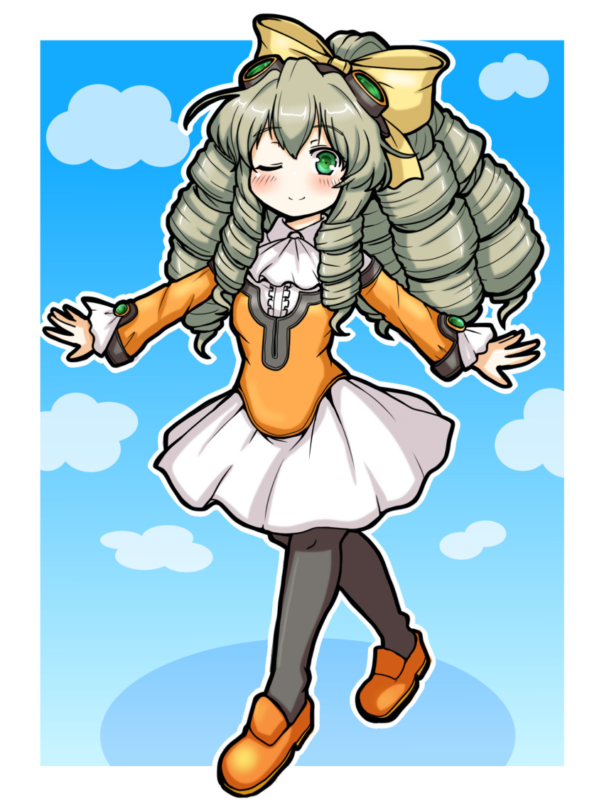 1girl absurdres black_legwear blue_background blush bow brown_hair cravat eruru_(erl) full_body goggles goggles_on_head green_eyes hair_bow highres long_hair looking_at_viewer maria_balthasar no_nose one_eye_closed orange_shirt orange_shoes pantyhose ringlets shirt shoes skirt smile solo standing white_skirt xenogears yellow_bow