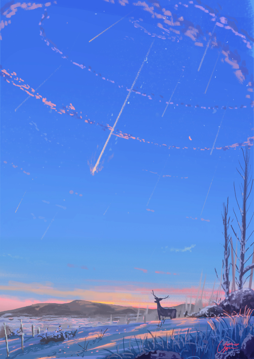 animal background bare_tree blue_sky clouds commentary commentary_request day deer grass highres mountain niko_p no_humans outdoors scenery shooting_star signature sky snow tree