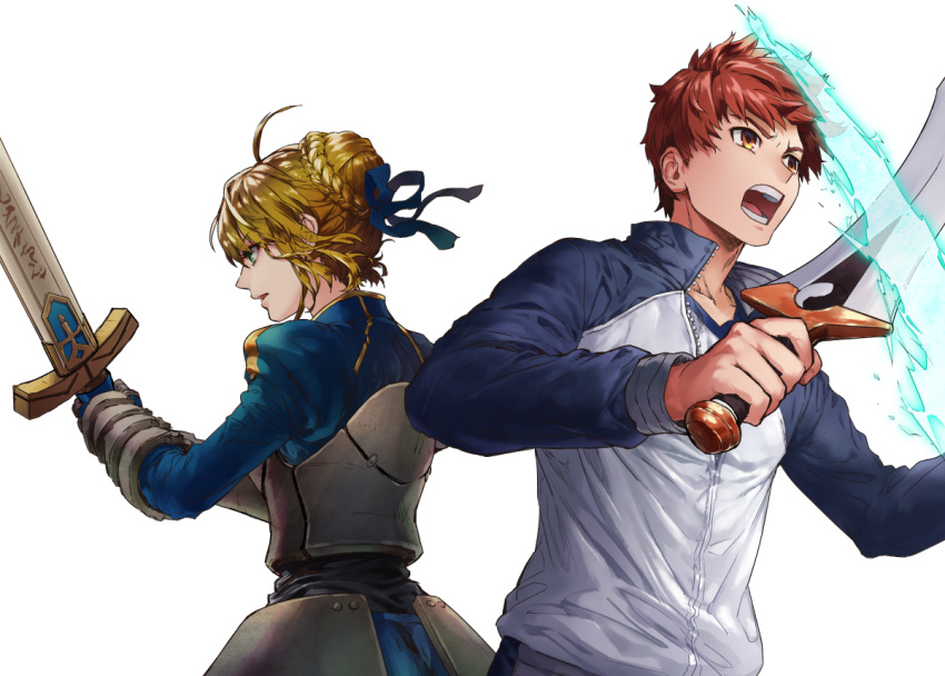 1boy 1girl ahoge armor armored_dress artoria_pendragon_(all) back-to-back blonde_hair blue_dress blue_ribbon brown_hair collarbone dress dual_wielding emiya_shirou fate/stay_night fate_(series) green_eyes hair_ribbon holding holding_sword holding_weapon mizuno_kei open_mouth partially_unzipped ribbon saber short_hair simple_background spiky_hair sword weapon white_background