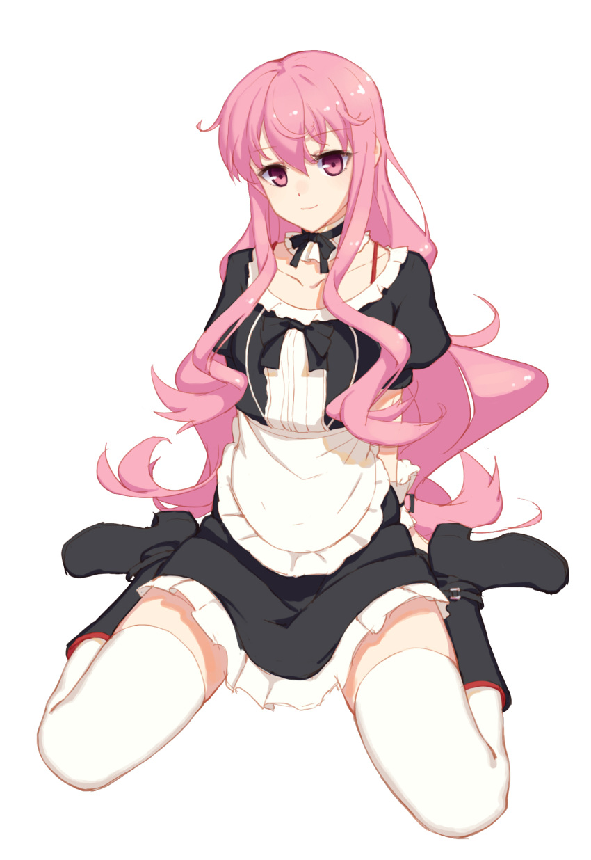 1girl apron bangs black_boots boots bow choker curly_hair highres icarus_(artist) long_hair looking_at_viewer louise_francoise_le_blanc_de_la_valliere maid pink_eyes pink_hair sitting smile solo thigh-highs very_long_hair waist_apron wariza white_background white_legwear zero_no_tsukaima zettai_ryouiki