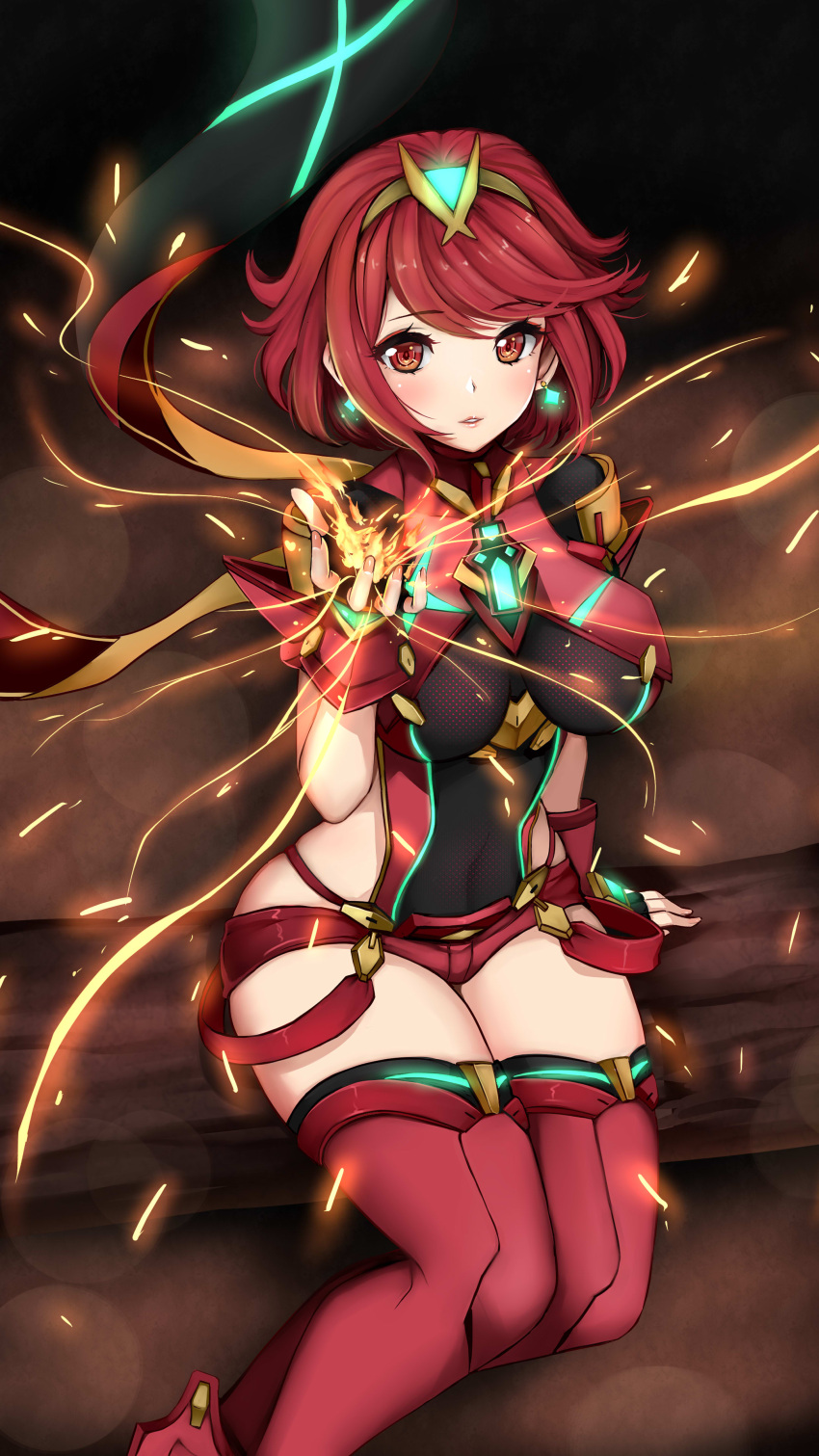 1girl absurdres arm_at_side armor bangs black_gloves breasts covered_navel eyebrows_visible_through_hair feet_out_of_frame fingerless_gloves fingernails fire flame gloves glowing glowing_eyes gyakushuu_no_hoshiumi hair_between_eyes highres pyra_(xenoblade) large_breasts looking_at_viewer nail_polish parted_lips pyrokinesis red_eyes red_legwear red_nails red_shorts redhead short_hair short_shorts shorts shoulder_armor shoulder_pads sitting smile solo swept_bangs tareme thigh-highs tree_stump wrist_guards xenoblade_2