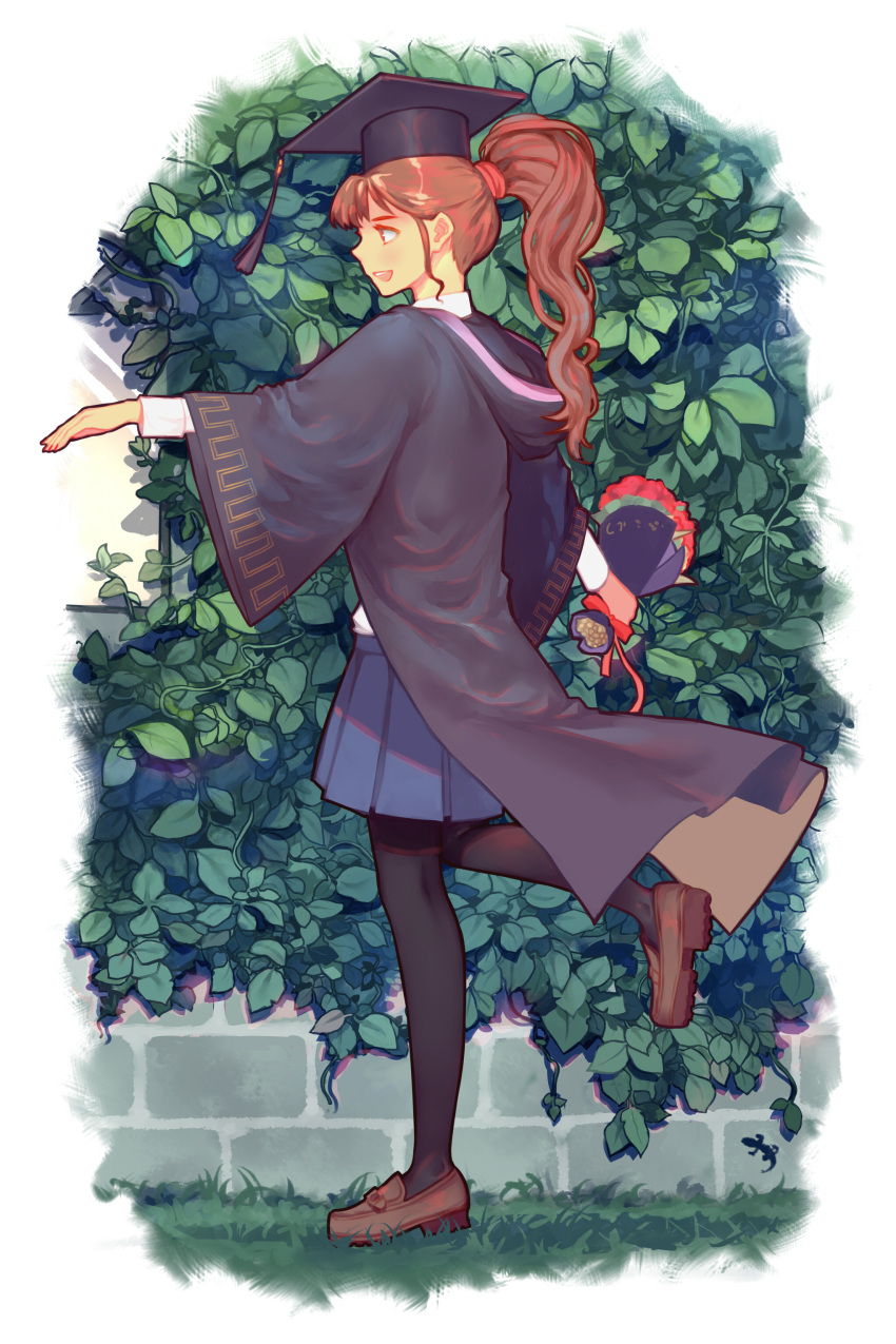 1girl :d absurdres black_legwear blue_skirt bouquet brick_wall brown_eyes brown_hair brown_shoes flower hat highres hood hood_down long_hair mary_janes mortarboard open_mouth original ponytail shoes skirt smile standing standing_on_one_leg walking zhang_tie_tong