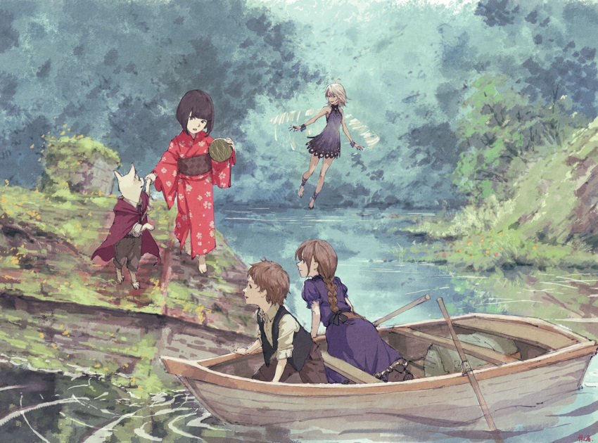 2boys ahoge arm_support barefoot black_eyes black_hair boat bracelet braid cape cat chimney dress fairy fantasy flying hand_holding highres japanese_clothes jewelry kimono leaning_forward long_hair multiple_boys oar obi original outdoors overgrown puffy_short_sleeves puffy_sleeves ripples rooftop sash short_hair short_sleeves signature single_braid sleeveless sleeveless_dress smile texture traditional_media vest water watercraft white_hair wings zennosuke