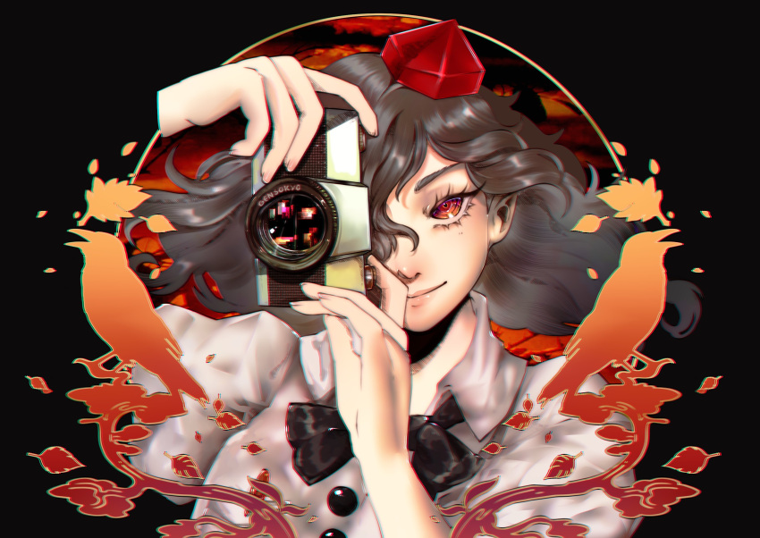 1girl absurdres bird black_background black_bow black_bowtie black_hair bow bowtie camera chromatic_aberration closed_mouth commentary crow highres holding holding_camera looking_at_viewer luo_qiangwei medium_hair red_eyes shameimaru_aya solo touhou upper_body