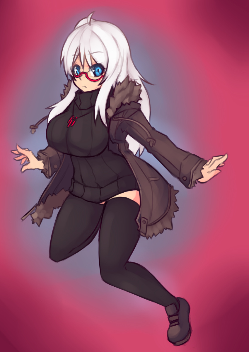 1girl ahoge black_legwear blue_eyes breasts dress glasses highres holly_(sub-res) jacket jewelry large_breasts loafers long_hair open_clothes open_jacket original pendant ribbed_sweater semi-rimless_glasses shoes sketch solo sub-res sweater sweater_dress thigh-highs turtleneck under-rim_glasses white_hair zettai_ryouiki